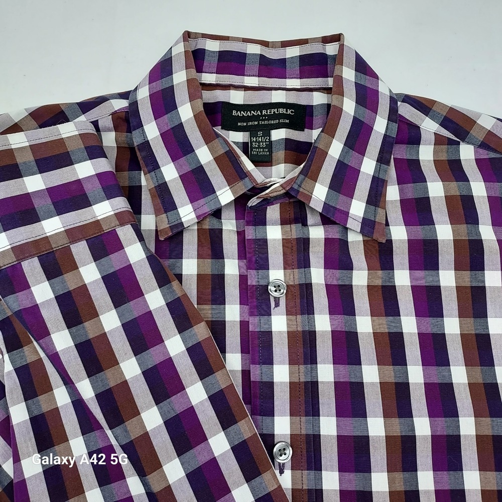 Banana Republic Mens Non Iron Tailored Slim Fit Purple Plaid Dress Shirt S 14.5